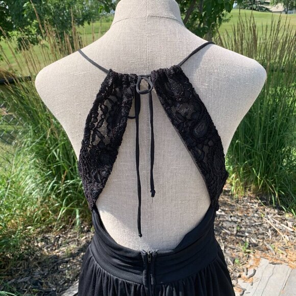 Y2K Whimsigoth Fairy Halter Dress Black Sheer Chiffon Lace High Low Hem - Picture 7 of 9